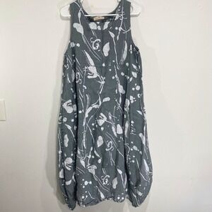 Lands Downunder XL Linen Dress Gray White Floral Sleeveless Italy Made